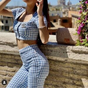 ZARA Blue Gingham Check Short Sleeve Crop Top Size L Bloggers Fave